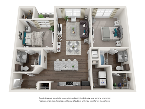 2 bed 2 bath floor plan at Seleno at Bridge Street, Huntsville, AL